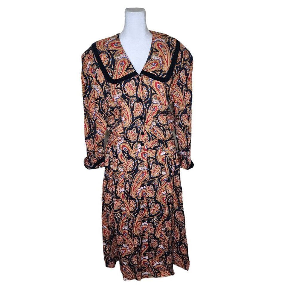 Vintage 80s Long Sleeve Paisley Drop Waist Dress Womens Size 16 Orange Blue